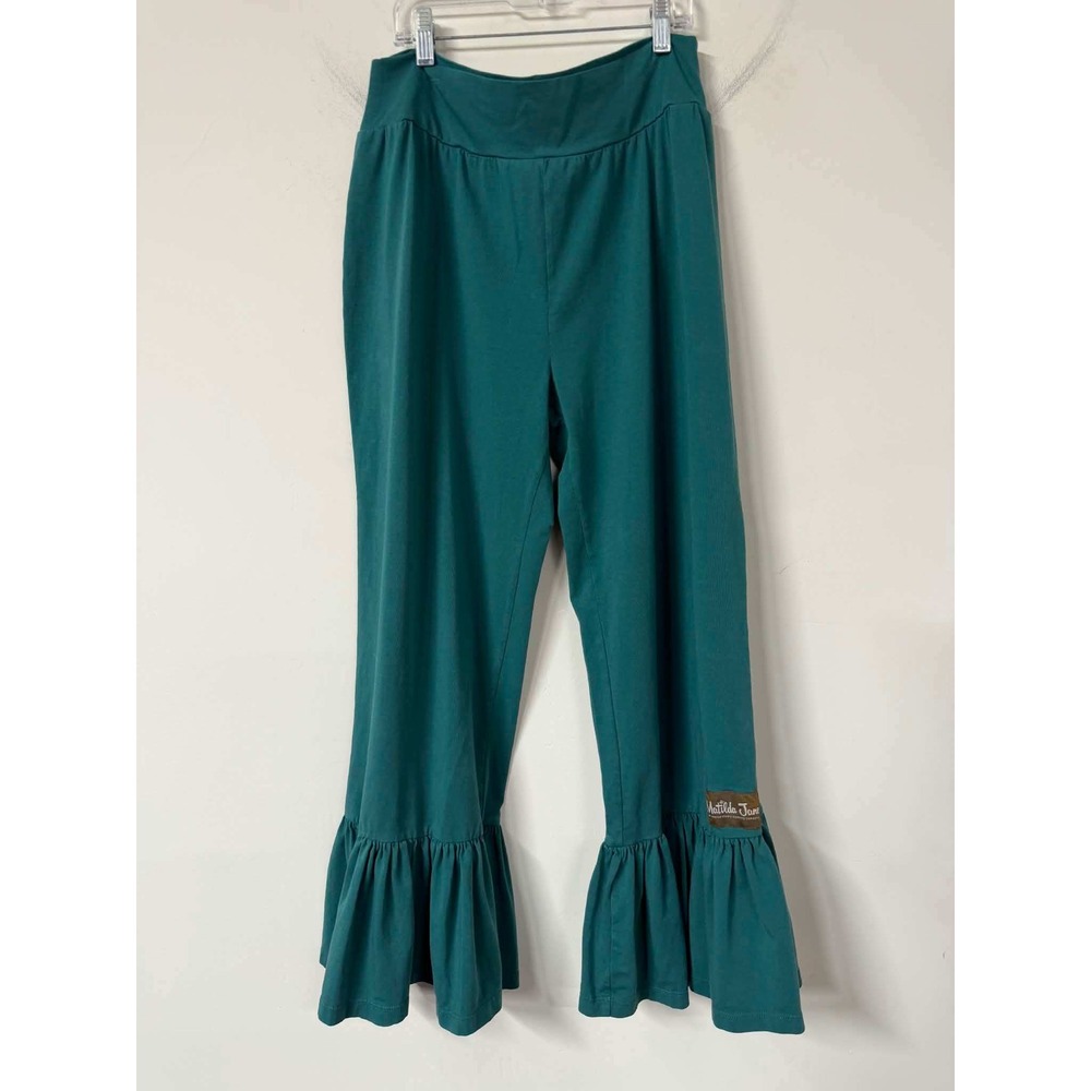 Matilda Jane Womens S Teal Knit Ruffle Hem Pants Wide Leg Pull On Cotton Blend